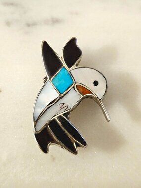 Vintage Zuni Signed Sterling Silver Multi-Stone Inlay Hummingbird Pin / Pendant